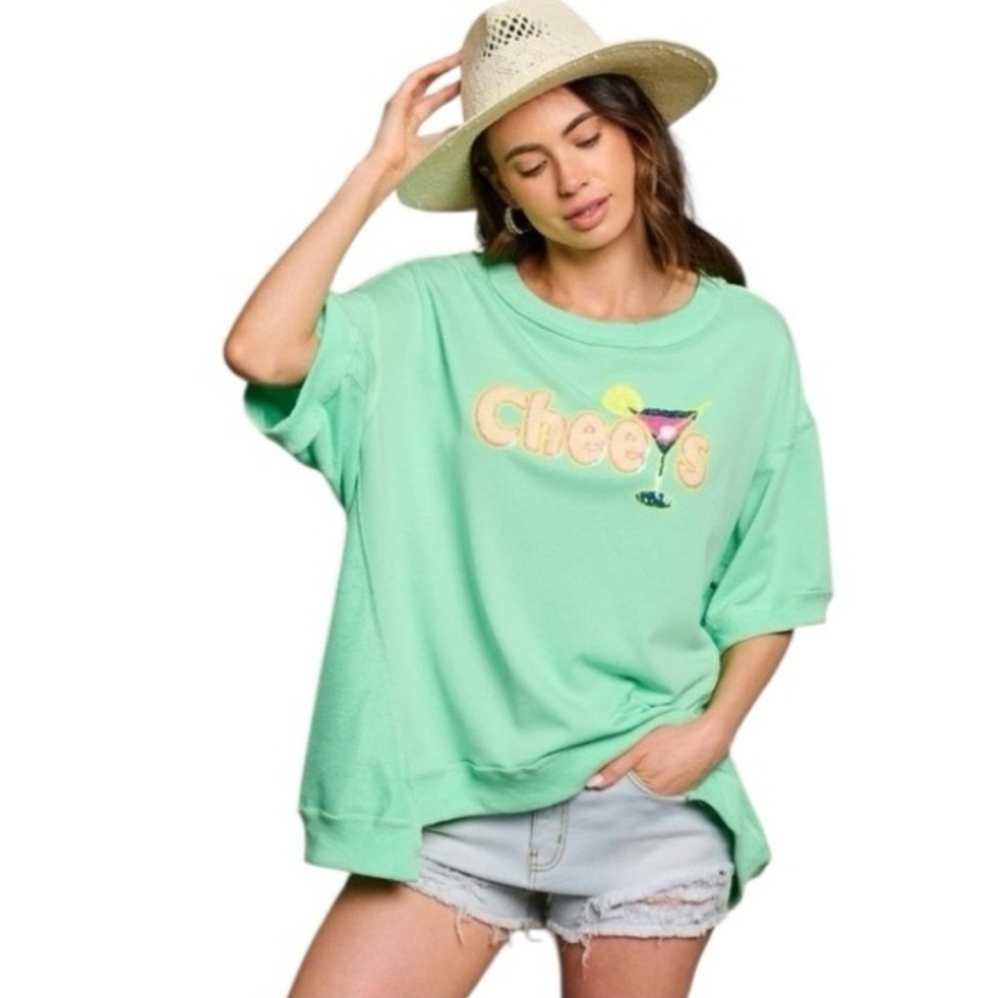 FANTASTIC FAWN Cheers Sequin Pullover Shirt Large Lime Oversized Boxy